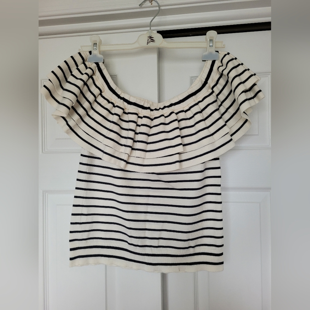 J.Crew Women's Top Off Shoulders Striped Rushed Ruffle Neckline Stretch Small